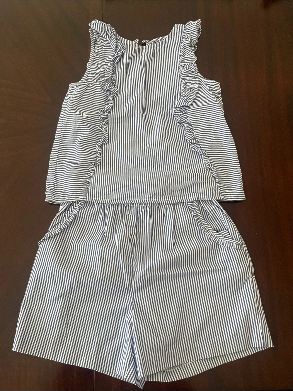 Girl’s Striped Ruffle Tank & Shorts Set - Blue/White size 12